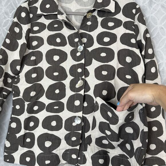 Christopher Calvin Linen Top Small Beige Gray Geometric Shirt Lagenlook Modern - Picture 3 of 12